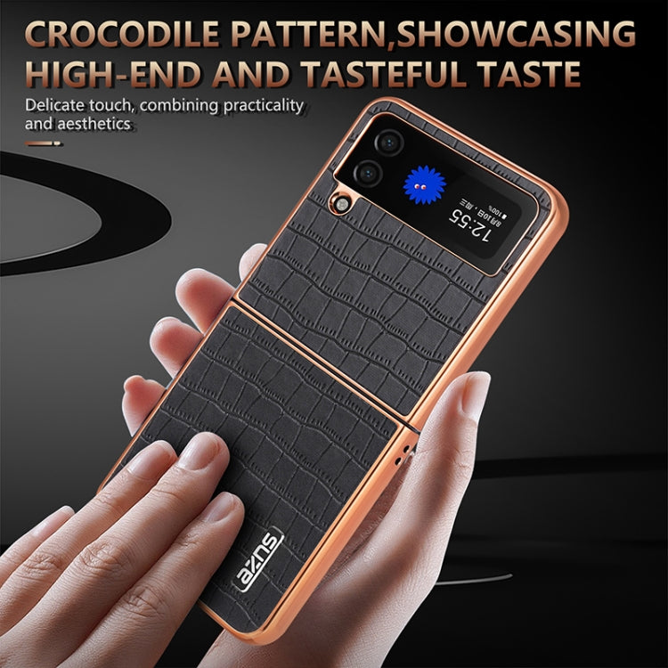 For Samsung Galaxy Z Flip4 5G AZNS Electroplated Frame Crocodile Texture Full Coverage Phone Case(Black) by AZNS