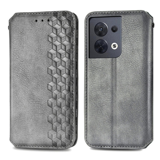 For OPPO Reno8 Cubic Grid Pressed Magnetic Leather Phone Case(Gray) by bashfashion