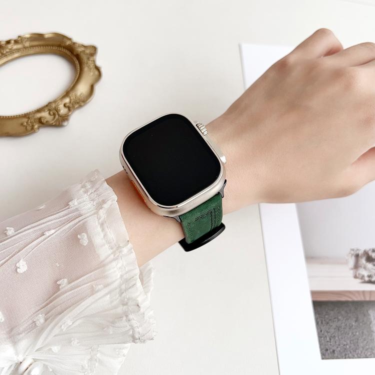 For Apple Watch 46mm / 49mm / 45mm / 44mm 7-Line Tri-Star Buckle Pull Up Leather Watch Band(Gray Black Thread) by bashfashion