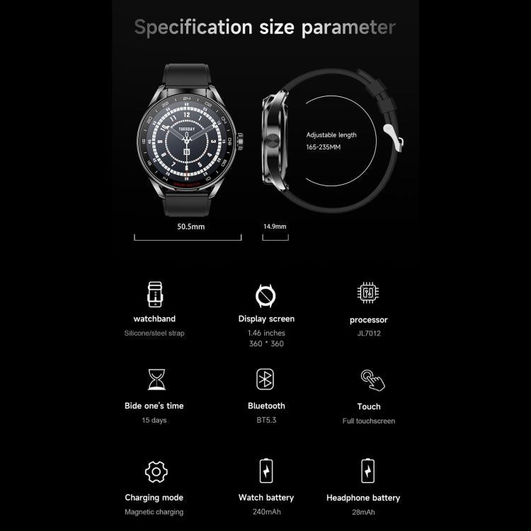 D9 1.46 inch 2 in 1 Bluetooth Earphone Smart Watch, Support Bluetooth Call / NFC / Heart Rate(Silver) by bashfashion