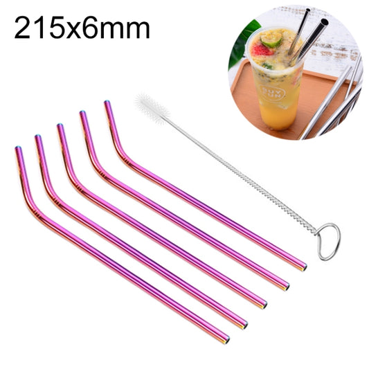 5pcs Reusable Stainless Steel Bent Drinking Straw + Cleaner Brush Set Kit, 215*6mm(Colour) by bashfashion