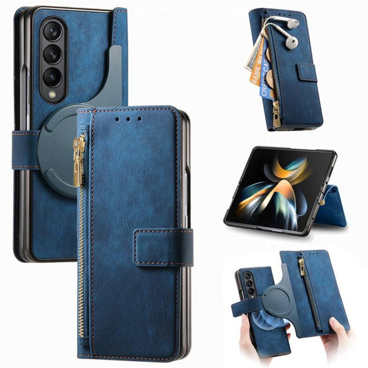 For Samsung Galaxy Z Fold4 Retro MagSafe Magnetic Zipper Wallet Leather Phone Case(Blue) by bashfashion