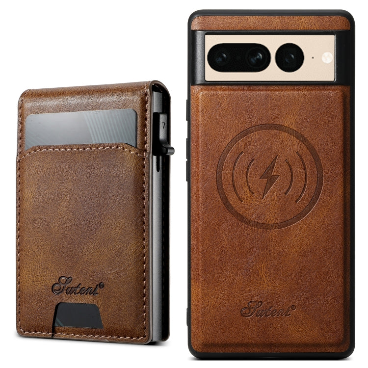 For Google Pixel 7 Pro Suteni H19 Oil Wax 2-in-1 MagSafe Removable Card Box Back Phone Case(Brown) by Suteni