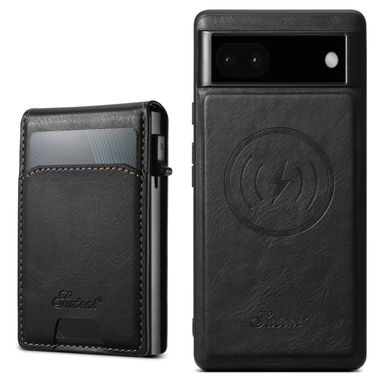 For Google Pixel 6a Suteni H19 Oil Wax 2-in-1 MagSafe Removable Card Box Back Phone Case(Black) by Suteni