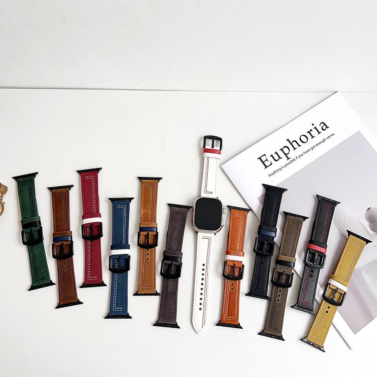 For Apple Watch 42mm / 41mm / 40mm / 38mm 7-Line Tri-Star Buckle Pull Up Leather Watch Band(Light Yellow White Thread) by bashfashion