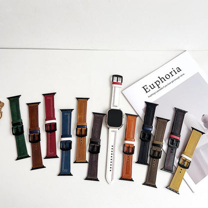 For Apple Watch 46mm / 49mm / 45mm / 44mm 7-Line Tri-Star Buckle Pull Up Leather Watch Band(Beige Red Thread) by bashfashion