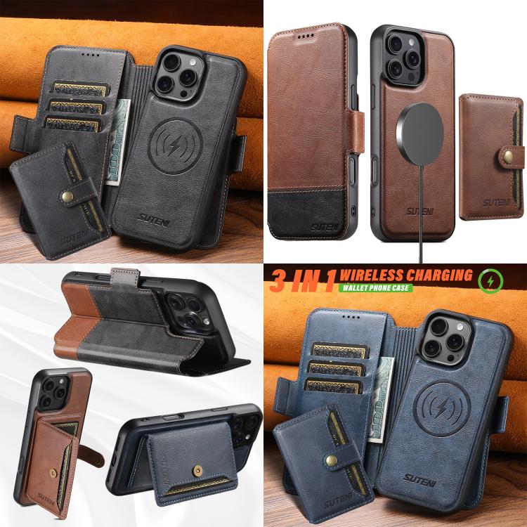 For iPhone 16 Suteni Q06S1 3-in-1 Splicing Detachable Wallet MagSafe Leather Phone Case(Black) by Suteni